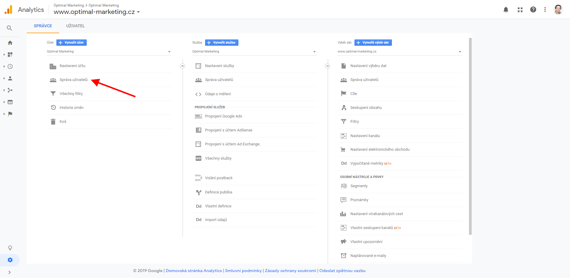 Google Analytics: Šipka ukazuje na odkaz Správce