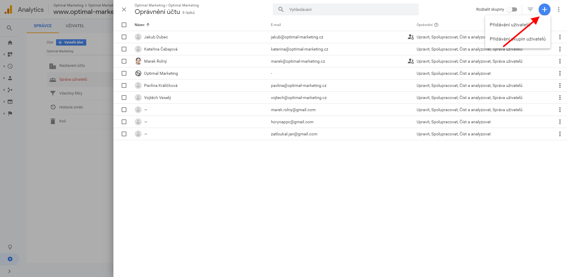 Google Analytics: Šipka ukazuje na odkaz Správce