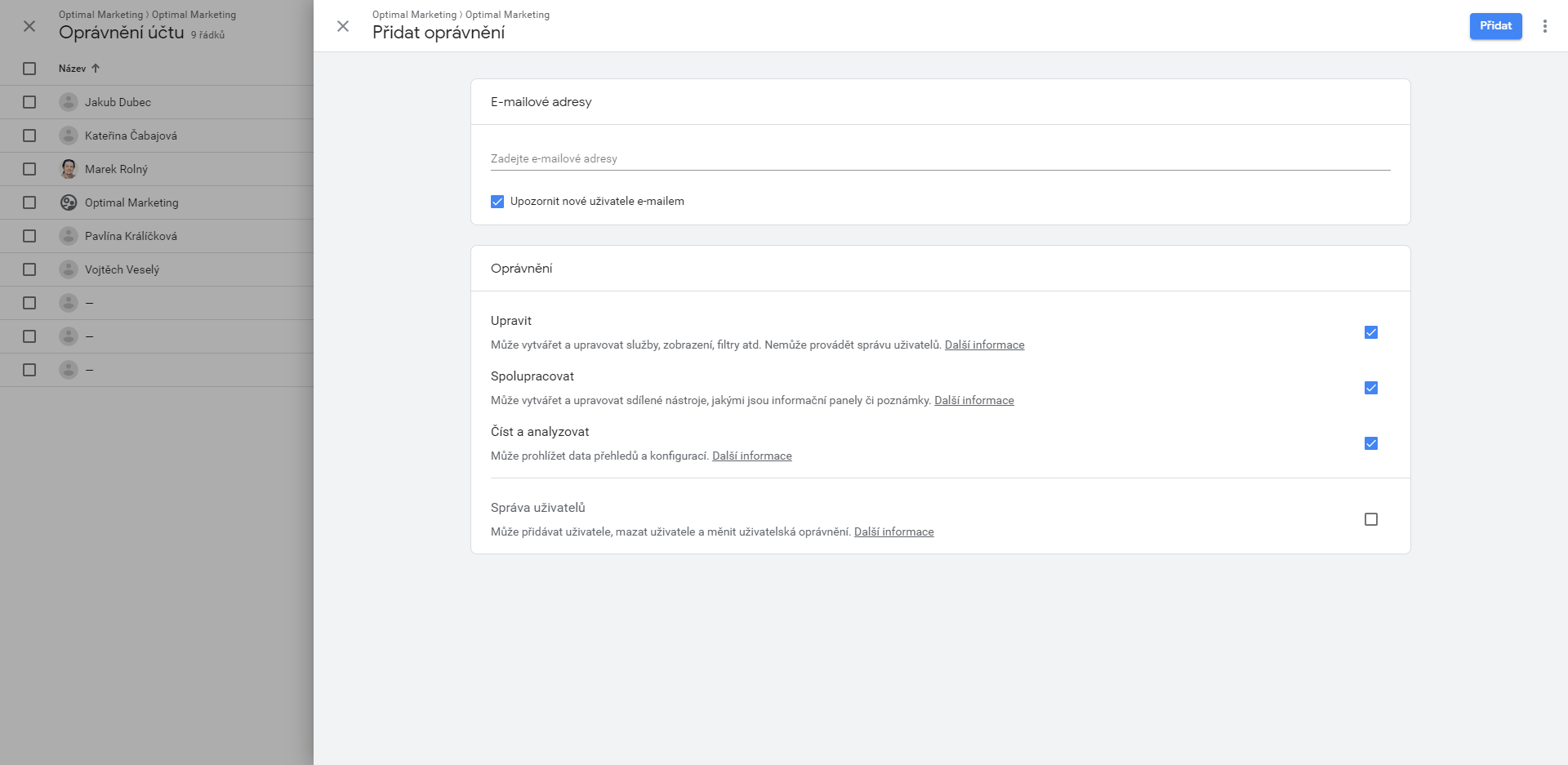 Google Analytics: Šipka ukazuje na odkaz Správce
