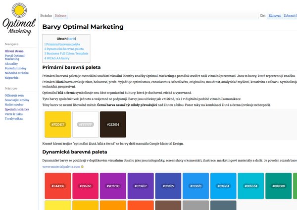 Snímek původní interní wiki agentury Optimal Marketing na MediaWiki: stránka Barvy Optimal Marketing s obsahem, popisem primární barevné palety a vzorníky barev.