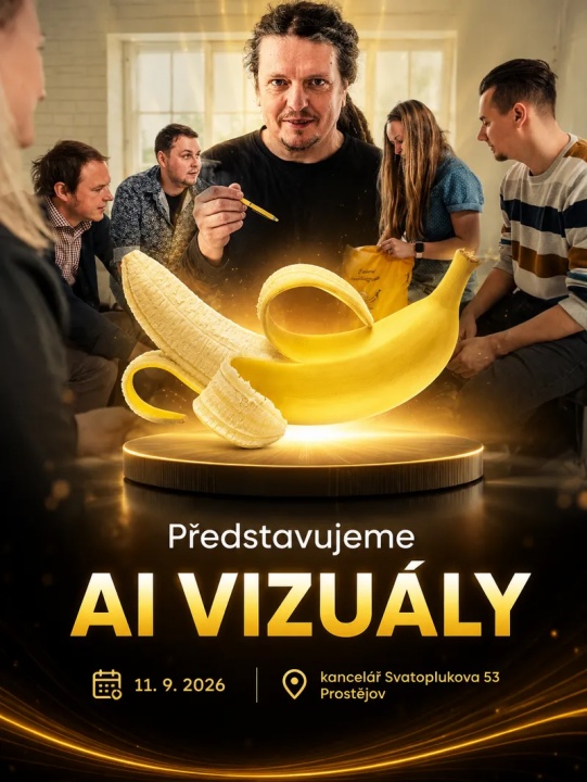 Obrázek vygenerovaný AI na jeden krátký prompt z fotek našeho týmu a banánu, symbolu značky. Na první pohled působí profesionálně: zlatý svit, podstavec, jiskřičky. Jenže právě tyhle prvky nástroj přidává každému, takže výsledek je uniformní a není to vizuál naší agentury. Podobnou grafiku dnes potkáte na každém kroku.