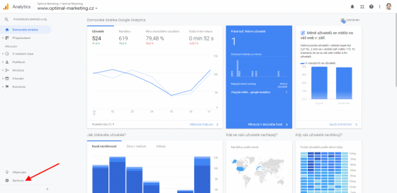 Google Analytics: Šipka ukazuje na odkaz Správce