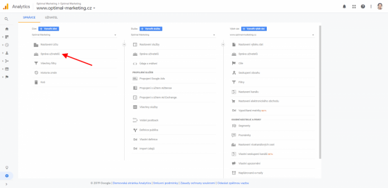 Google Analytics: Šipka ukazuje na záložku Správa uživatelů