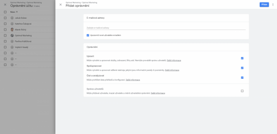 Google Analytics: Formulář pro přidání nového uživatele
