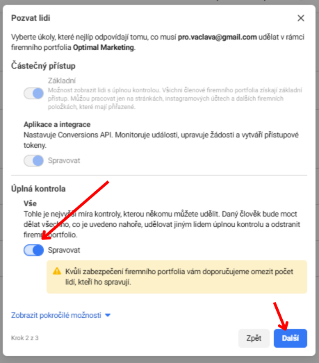 Meta Business Manager: Zadejte e-mail a zaškrtněte „Úplná kontrola“.