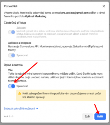 Meta Business Manager: Zadejte e-mail a zaškrtněte „Úplná kontrola“.