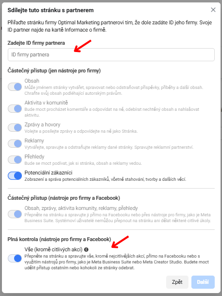 Meta Business Manager: Zadejte ID a zaškrtněte „Plná kontrola“.