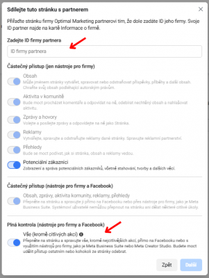 Meta Business Manager: Zadejte ID a zaškrtněte „Plná kontrola“.