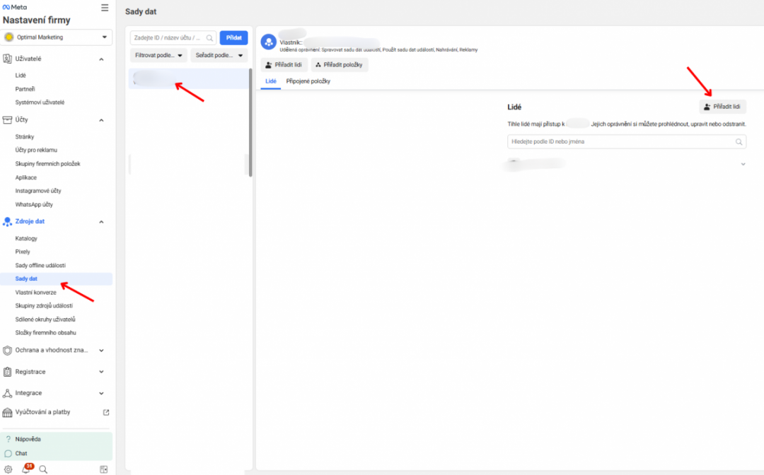Meta Business Manager: Pixel nasdílíte stejně jako reklamní účet – zadejte ID a udělte plný přístup.