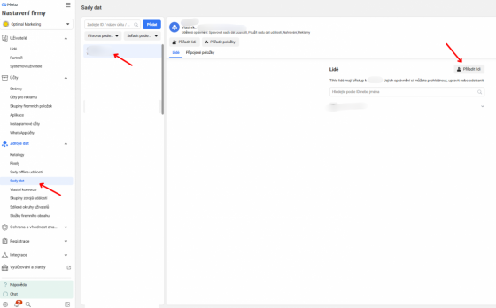 Meta Business Manager: Pixel nasdílíte stejně jako reklamní účet – zadejte ID a udělte plný přístup.