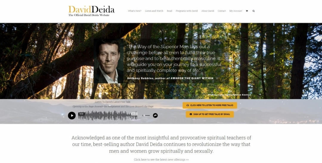 (CTA tlačítka “CLICK HERE TO LISTEN TO MORE FREE TALKS” a “SIGN UP TO GET FREE TALKS BY EMAIL” na webu deida.info)