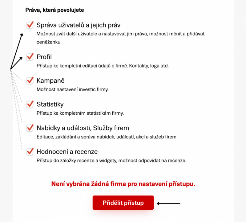 Firmy.cz: Zvolte sekce a klikněte na Přidělit přístup.