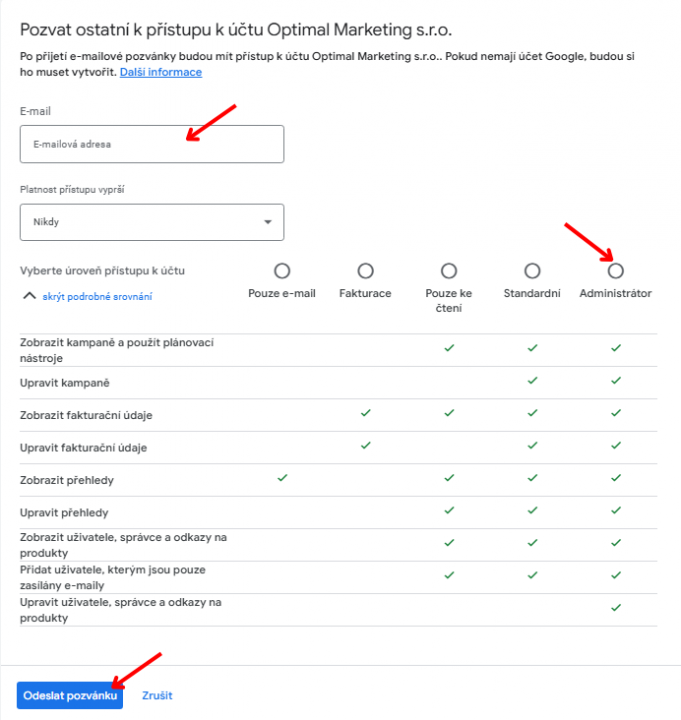 Google Ads: Klikněte na ozubené kolečko a vyberte Přístup a zabezpečení.