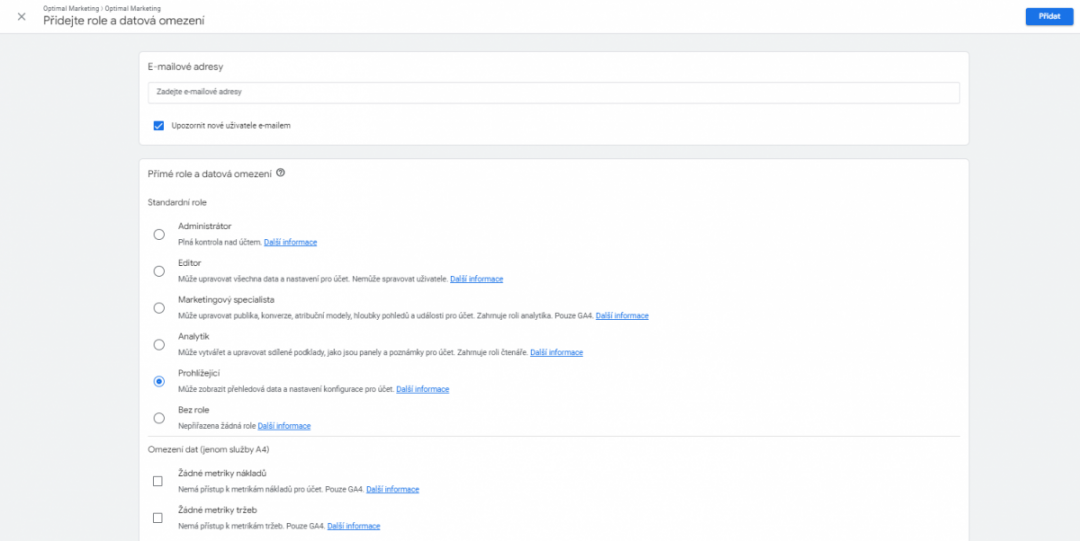 Google Analytics: Formulář pro přidání nového uživatele