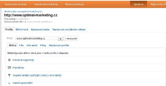 Nastavení cílů v Google Analytics najdete v části Profily