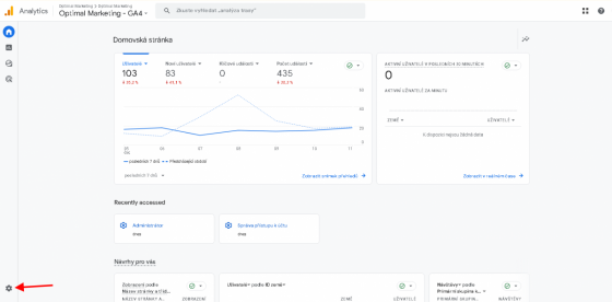 Google Analytics: Šipka ukazuje na odkaz Administrátora