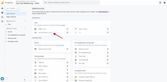 Google Analytics: Šipka ukazuje na záložku Správa přístupu k účtu