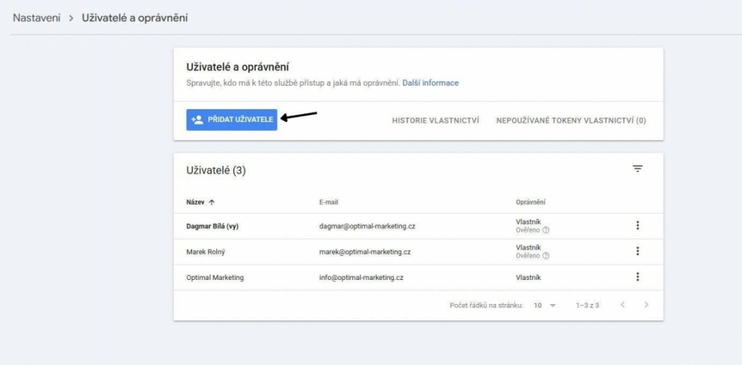 Google Search Console - uživatelé a oprávnění 