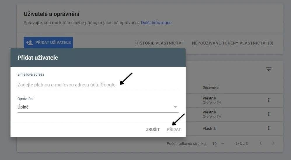 Google Search Console - Přidat uživatele
