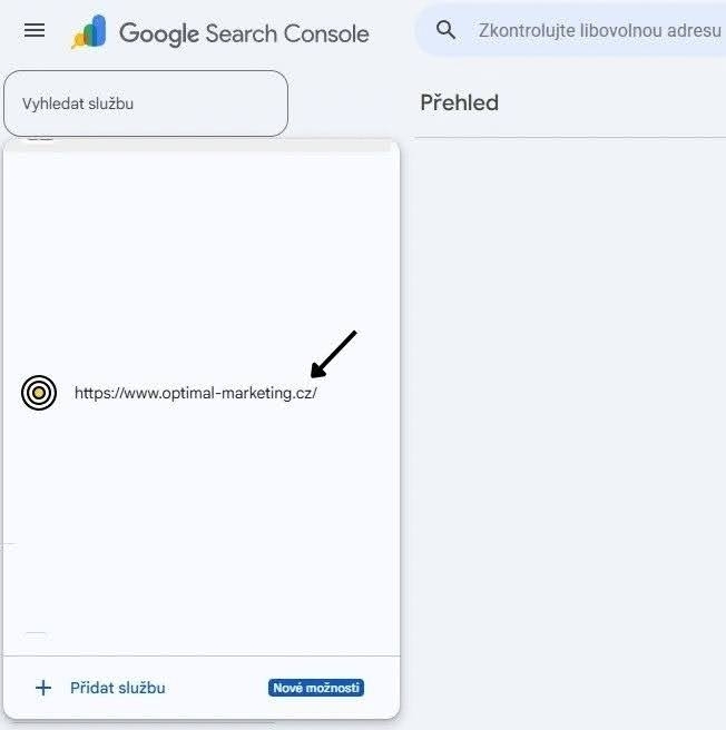 Google Search Console - Výběr webu
