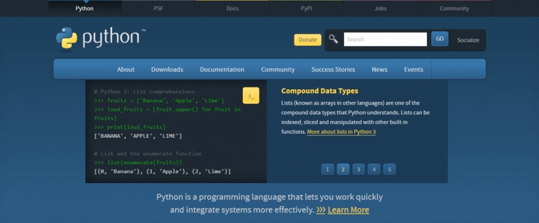 (úvodní stránka Python.org, zdroj: python.org)
