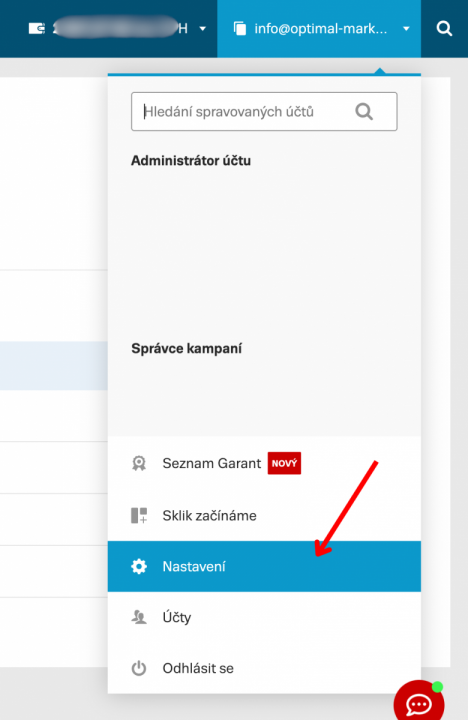 Sklik: Klikněte vpravo nahoře na název účtu a zvolte Nastavení.