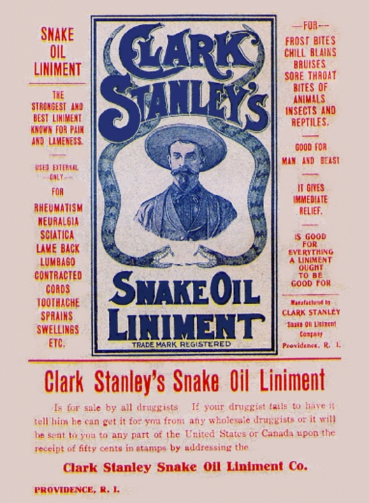 Barevný obal přípravku „Snake Oil Liniment“ od Clarka Stanleyho.