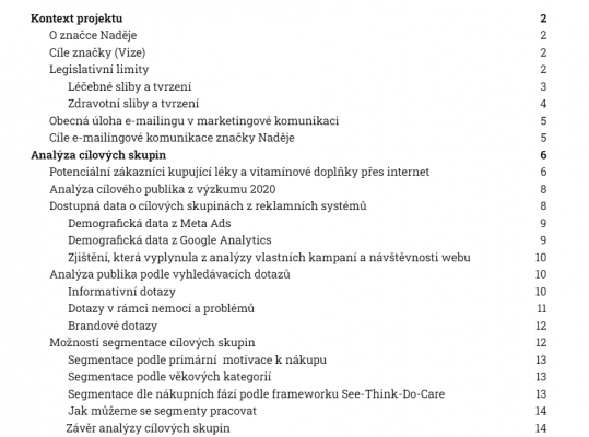 Obsah analýzy pro automatický e-mailing